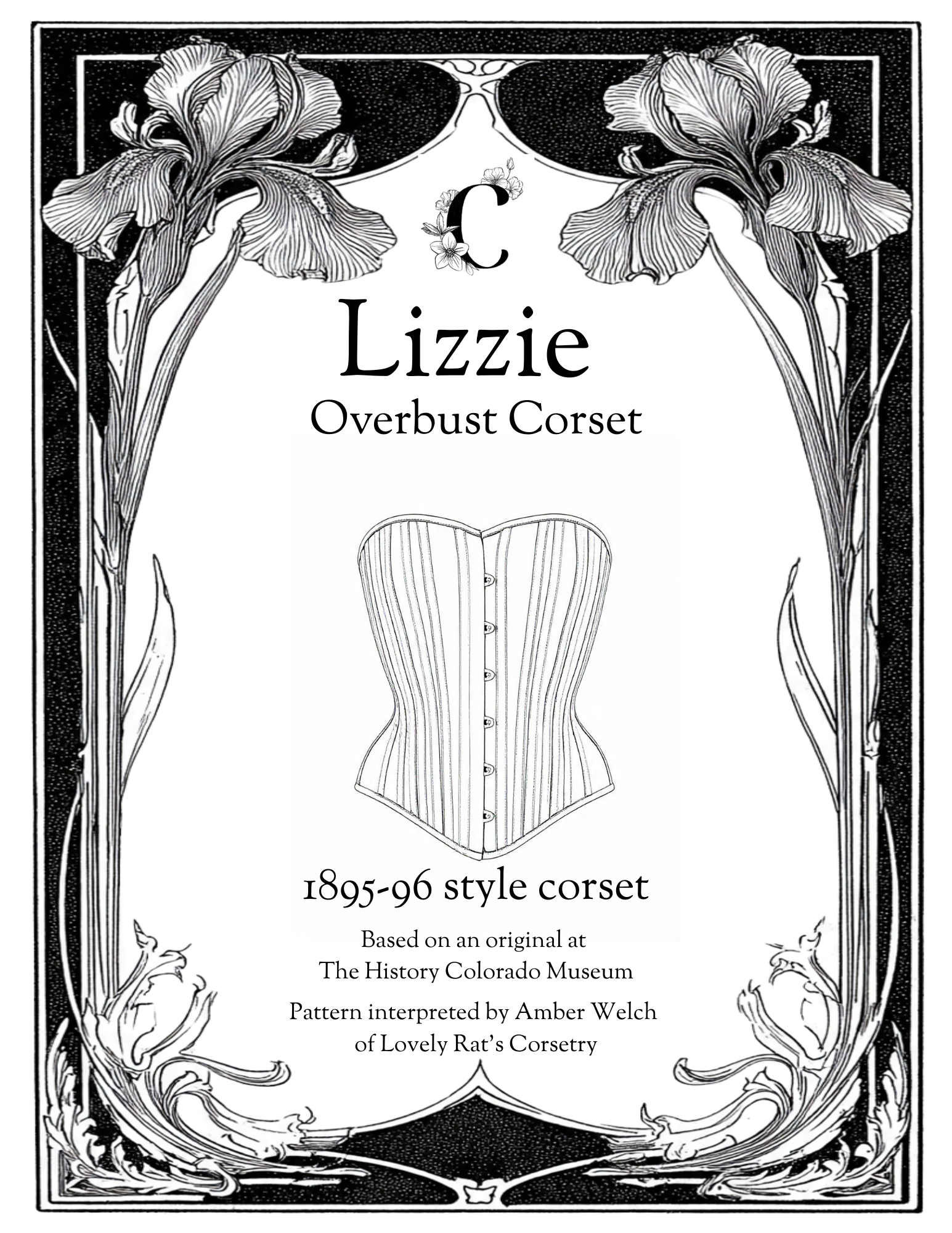 Advertisement for Lizzie Overbust Corset with decorative floral frame