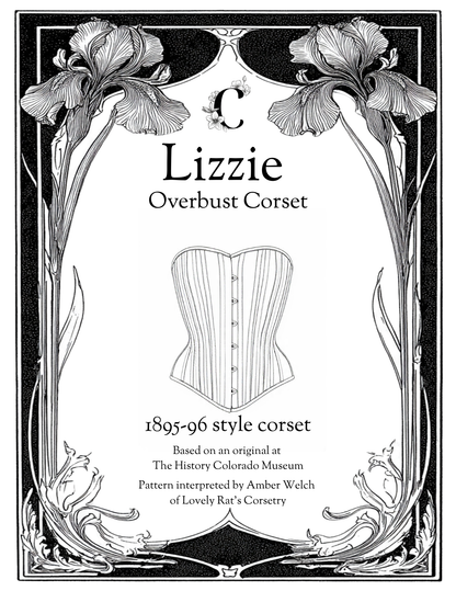Advertisement for Lizzie Overbust Corset with decorative floral frame