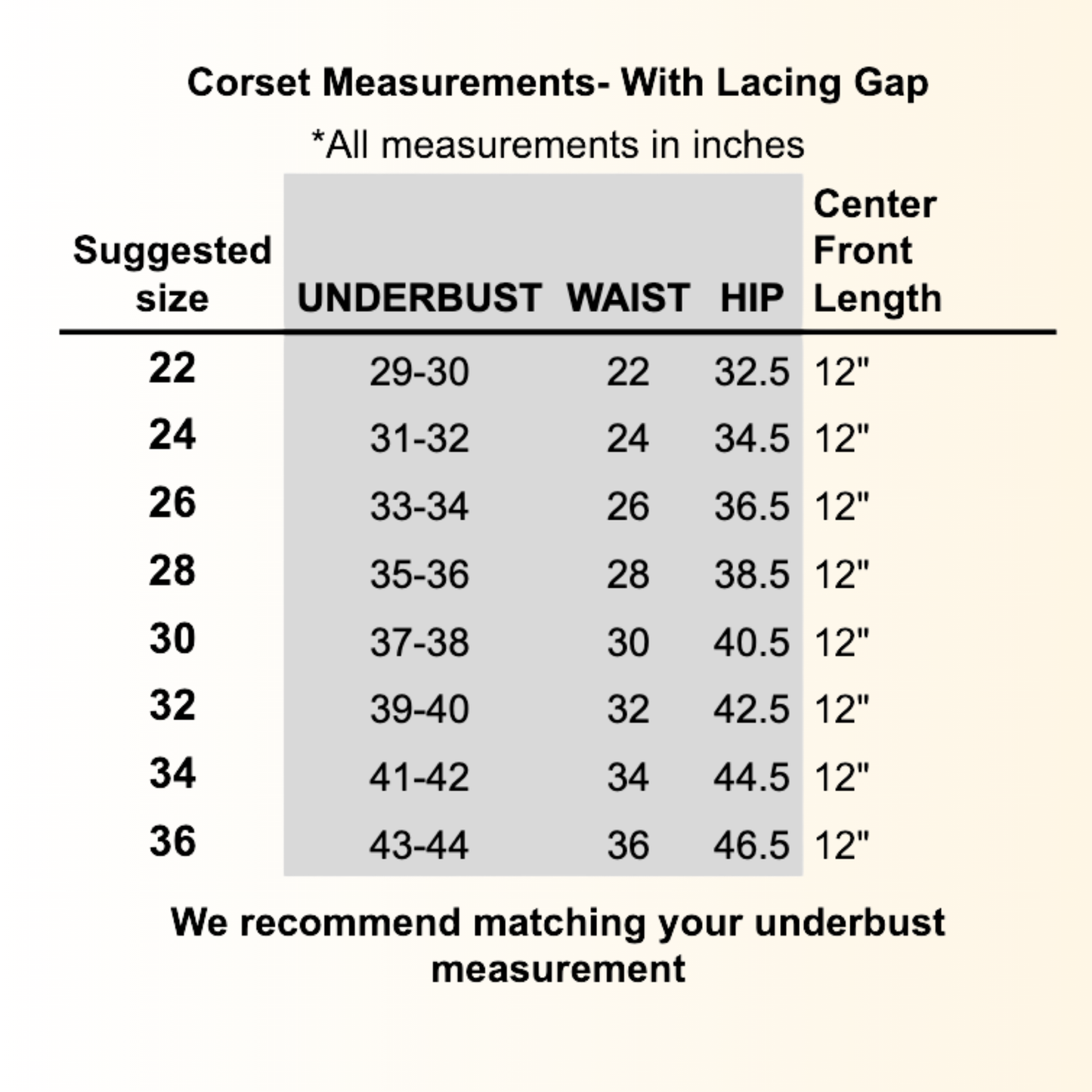size chart for corset with underbust measurements