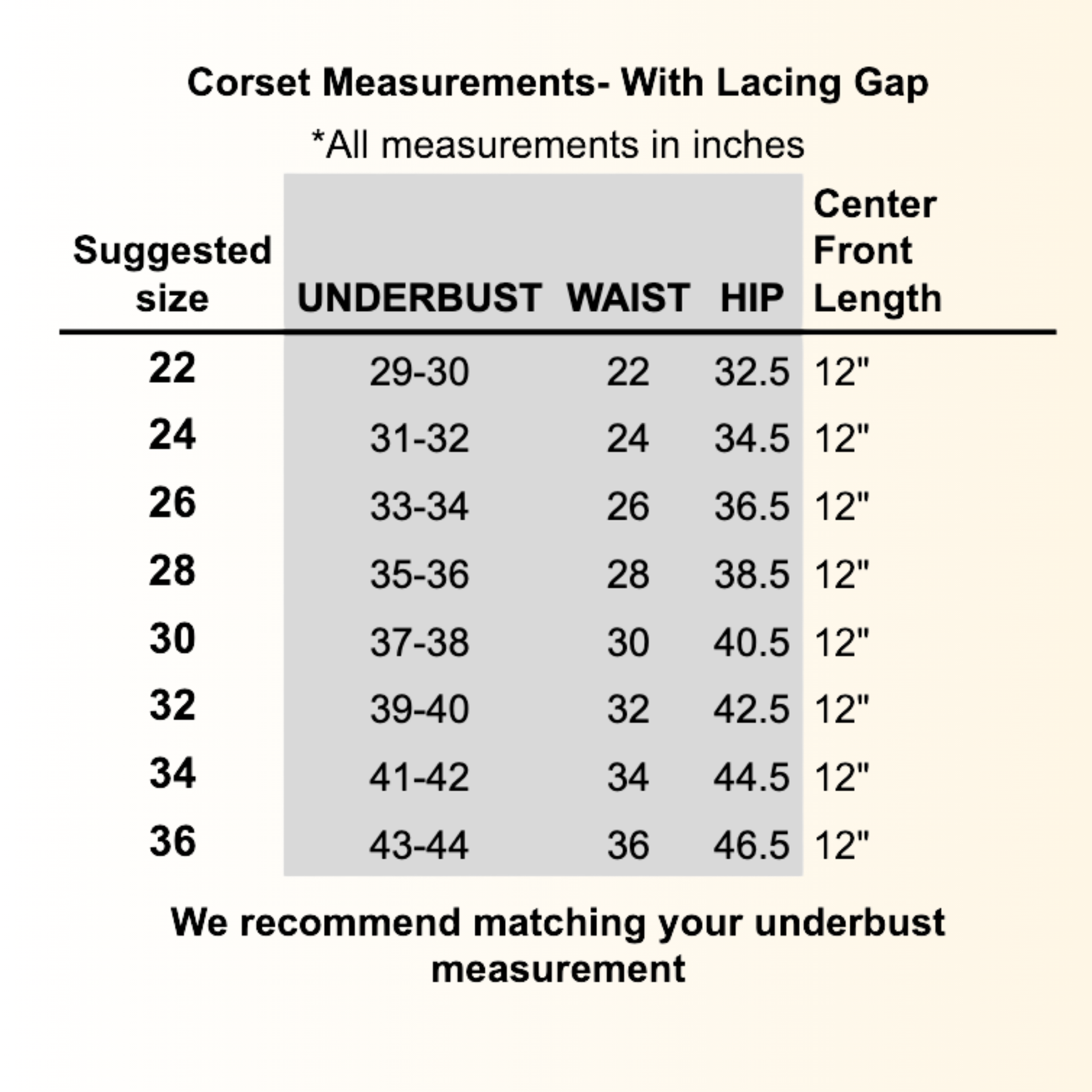 size chart for corset with underbust measurements