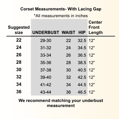 size chart for corset with underbust measurements