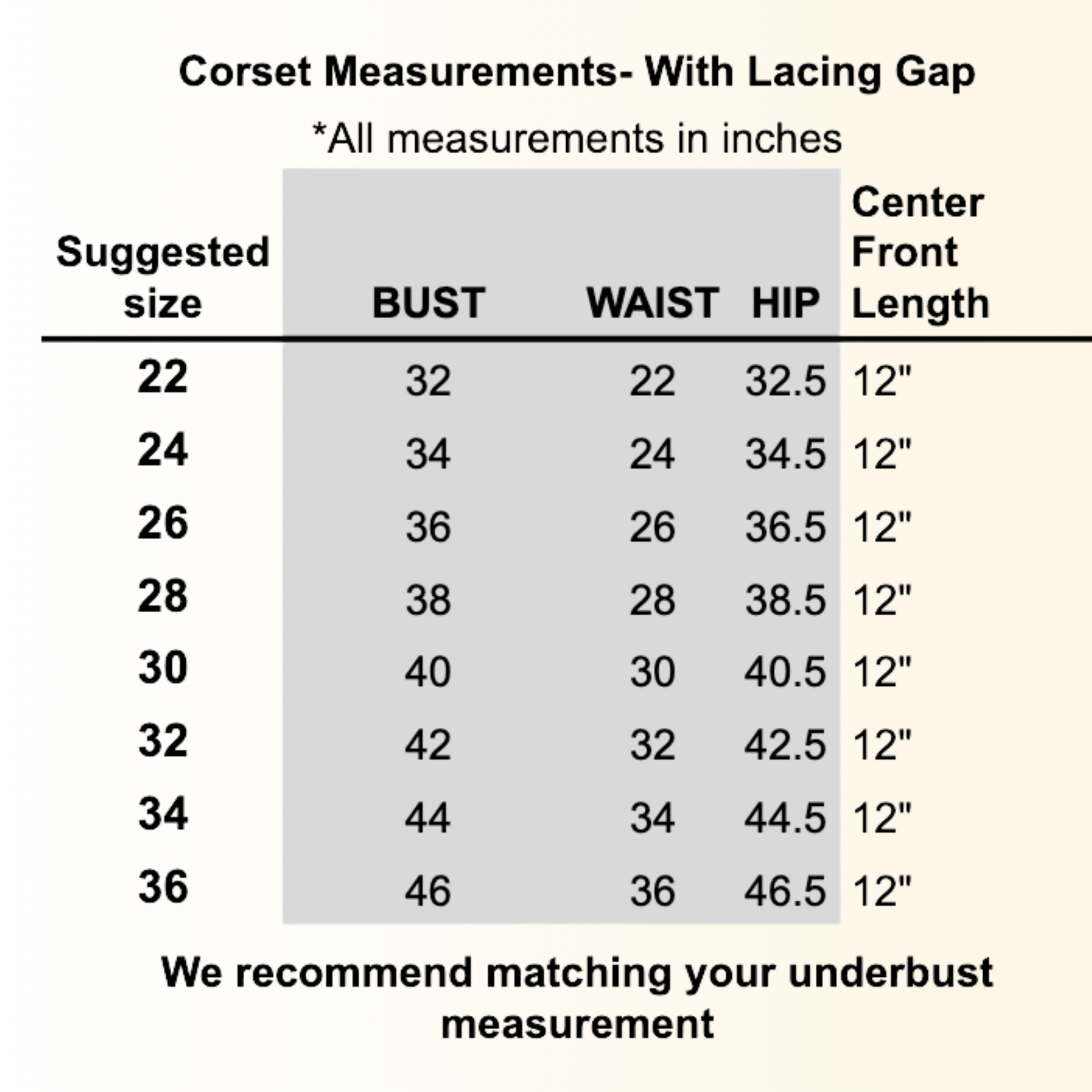 Corset measurements chart with lacing gap in inches