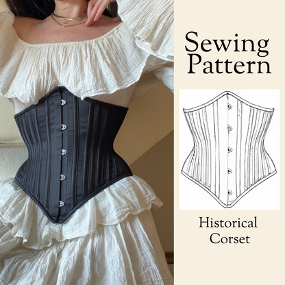 Black historical corset worn by a person with a sewing pattern illustration on the side.