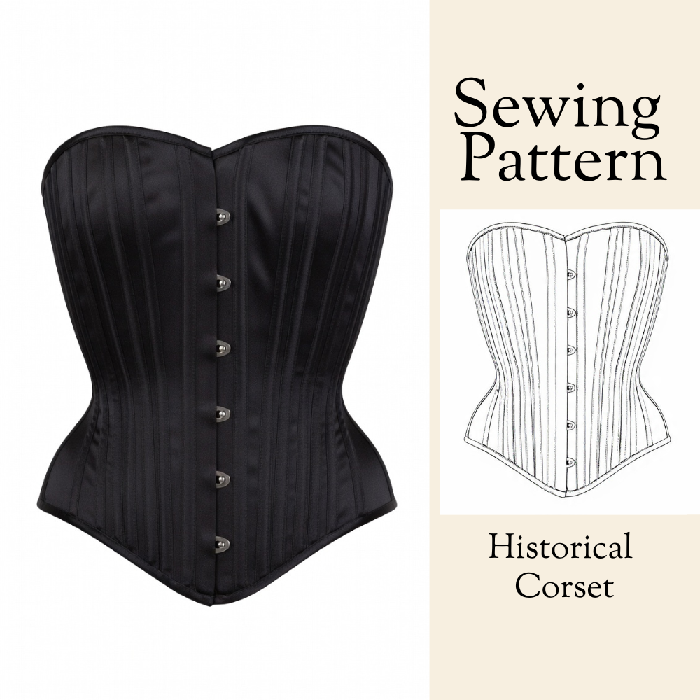 Black historical corset with sewing pattern illustration on a beige background