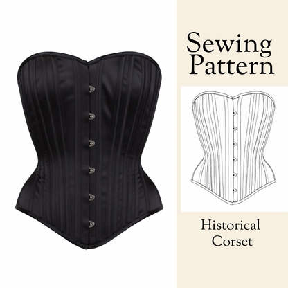 Black historical corset with sewing pattern illustration on a beige background