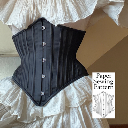Black corset on a white dress with 'Paper Sewing Pattern' text overlay