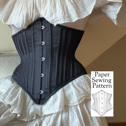 Black corset on a white dress with 'Paper Sewing Pattern' text overlay