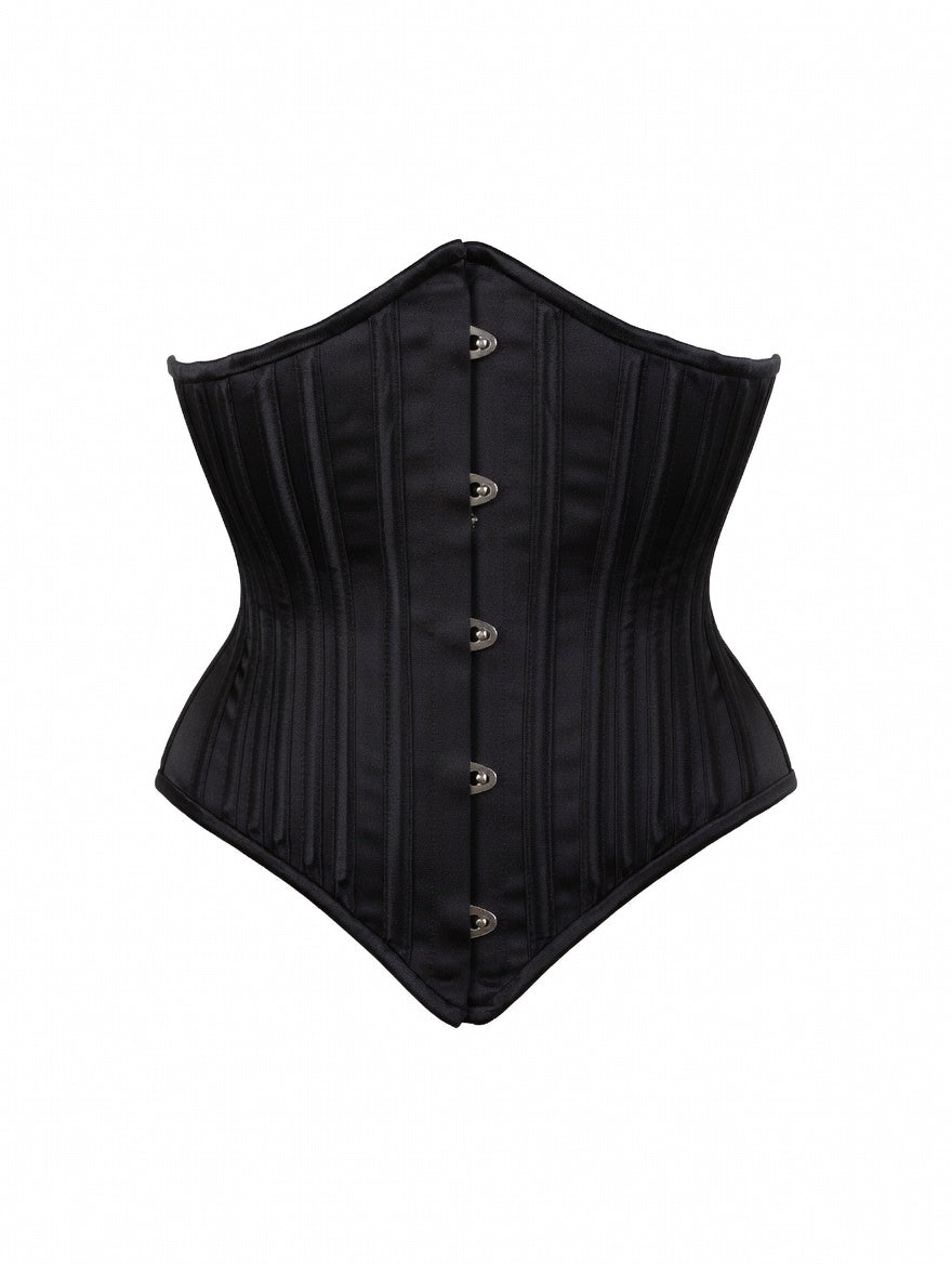 Black corset with silver buttons on a white background