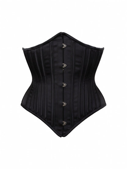 Black corset with silver buttons on a white background