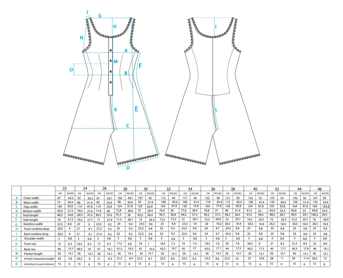 A technical sewing pattern measurement chart showing front and back dress/skirt construction diagrams with labeled body points and a size table at the bottom listing measurements for sizes 22 through 46.