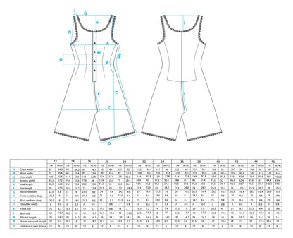 A technical sewing pattern measurement chart showing front and back dress/skirt construction diagrams with labeled body points and a size table at the bottom listing measurements for sizes 22 through 46.
