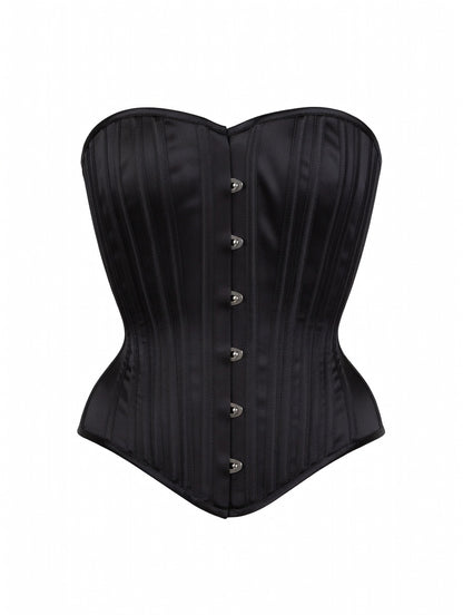 Black corset with silver buttons on a white background