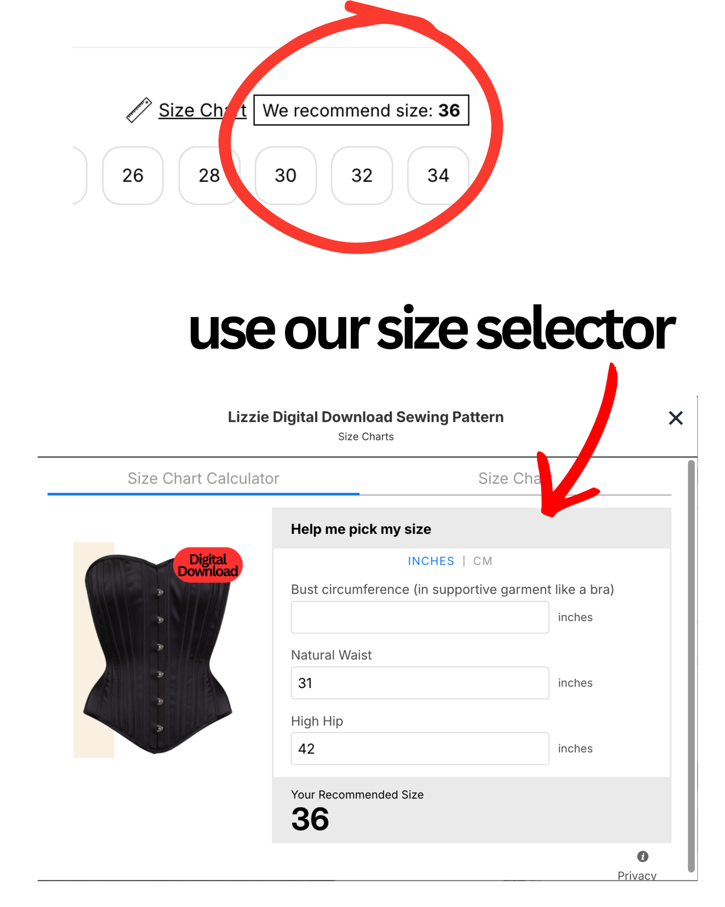 Size selector tool for sewing patterns with recommended size 36 highlighted.