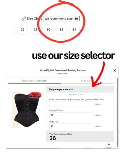 Size selector tool for sewing patterns with recommended size 36 highlighted.