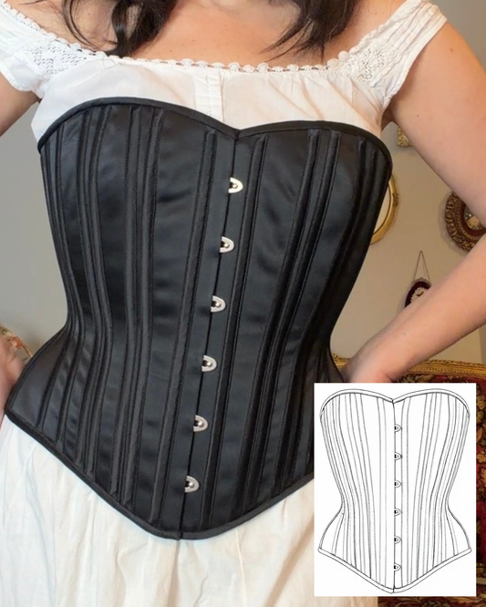 Black corset worn by a person with an inset diagram of the corset design.