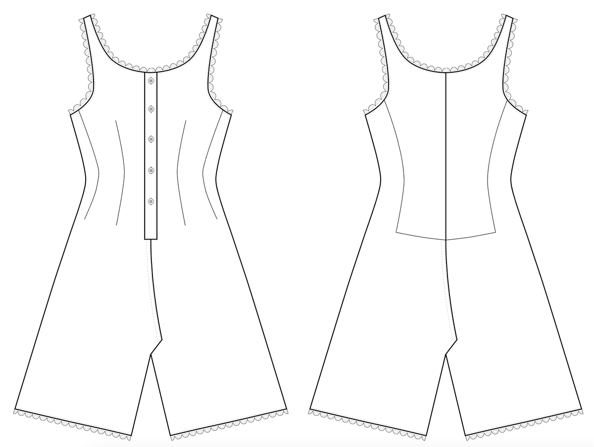 Black and white technical sewing pattern illustration showing front and back views of a sleeveless romper with a button placket and lace trim.
