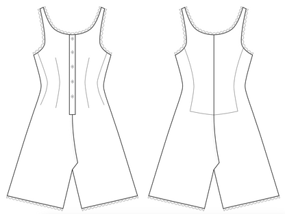 Black and white technical sewing pattern illustration showing front and back views of a sleeveless romper with a button placket and lace trim.