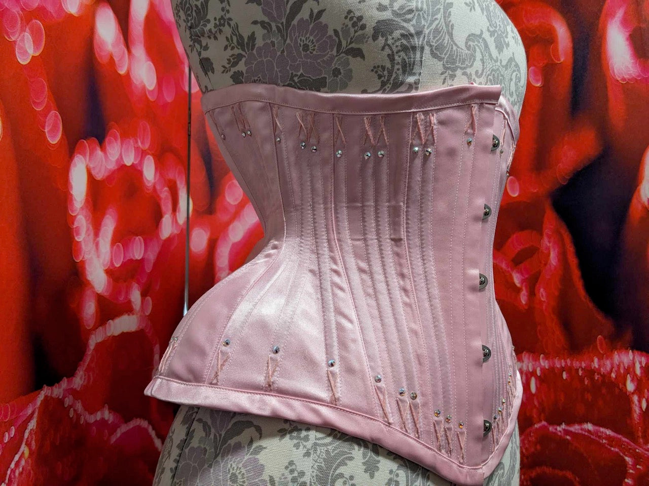 Pink Satin Victorian Underbust corset 24" waist Hand Sewn Flossing
