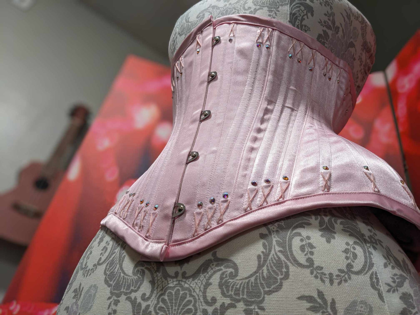 Pink Satin Victorian Underbust corset 24" waist Hand Sewn Flossing