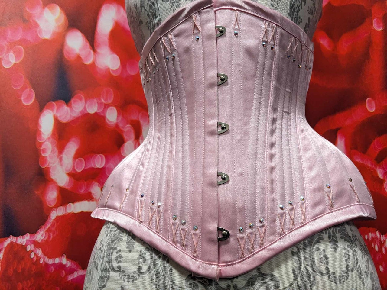 Pink Satin Victorian Underbust corset 24" waist Hand Sewn Flossing