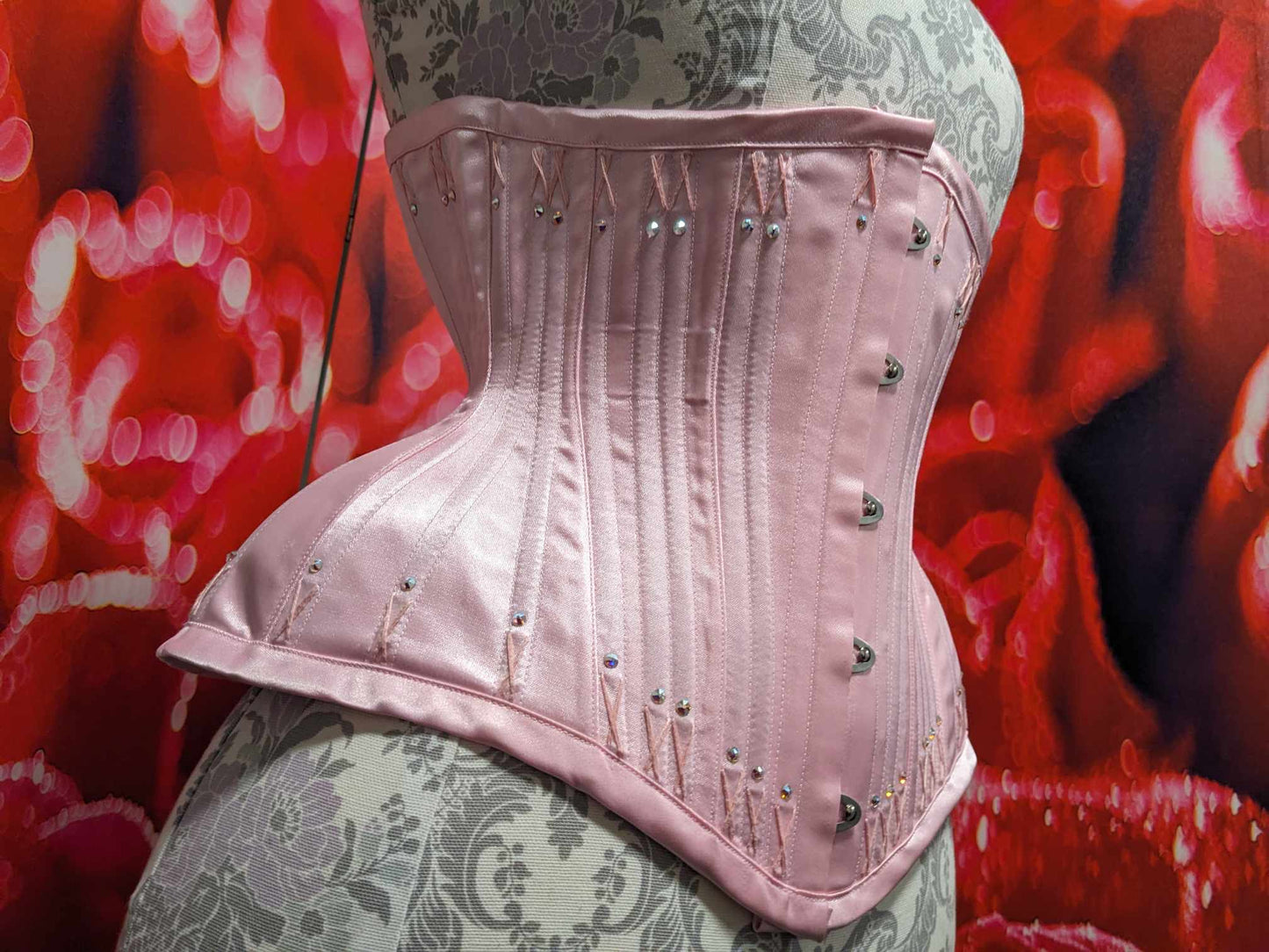 Pink Satin Victorian Underbust corset 24" waist Hand Sewn Flossing