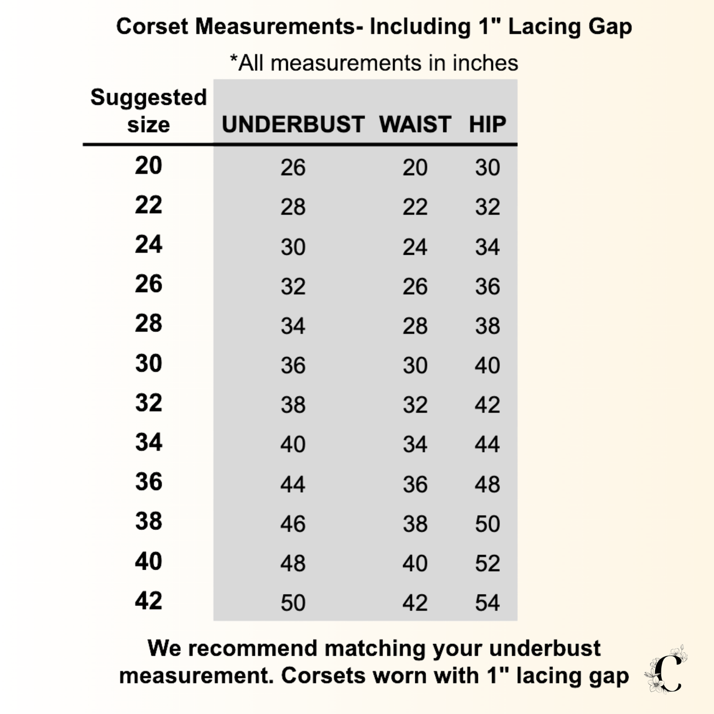 Corset measurement chart with suggested sizes, underbust, waist, and hip measurements in inches.