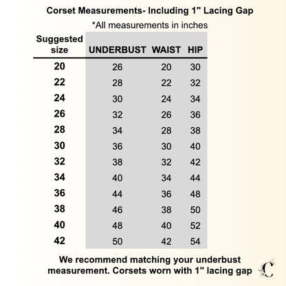 Corset measurement chart with suggested sizes, underbust, waist, and hip measurements in inches.
