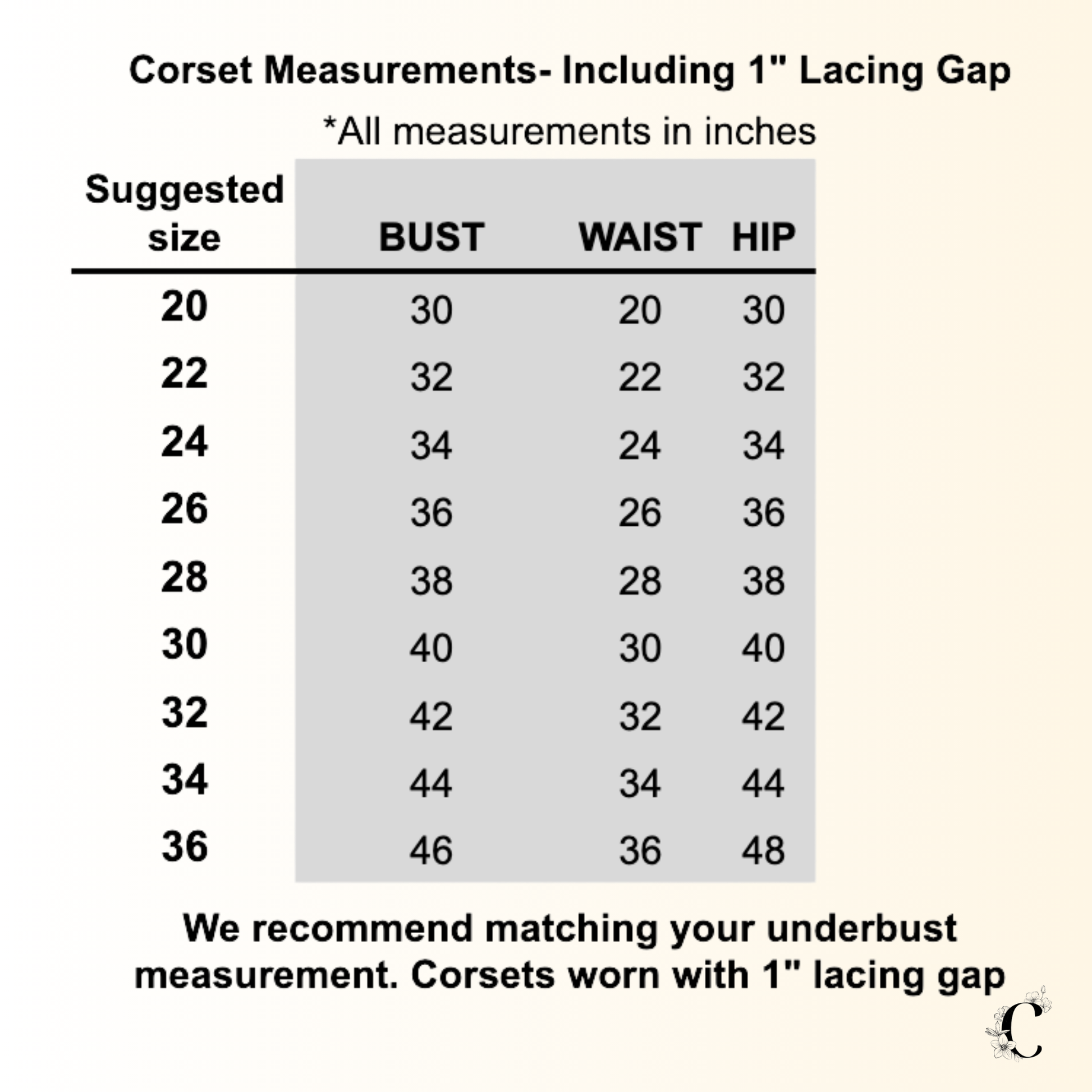 size guide for overbust corset