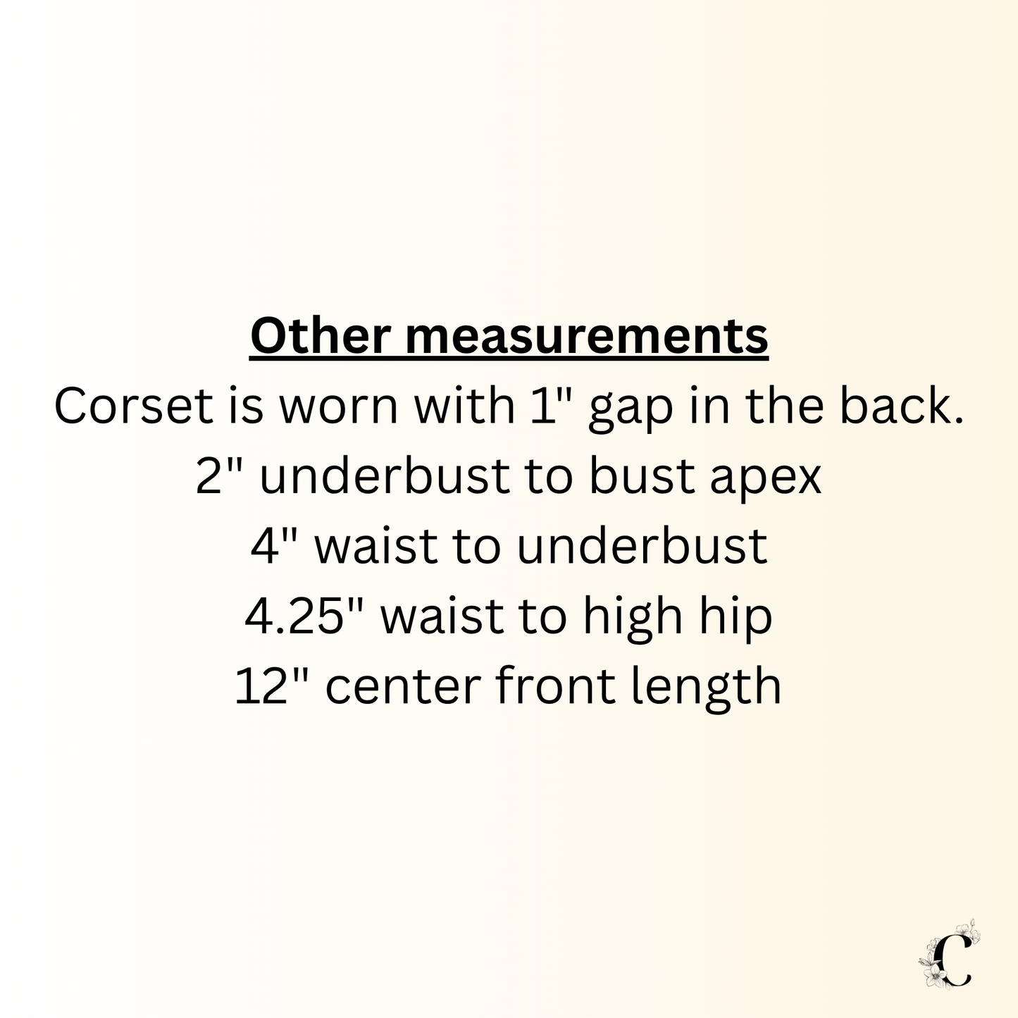 Text detailing measurements of a corset on a beige background