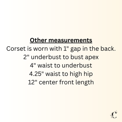 Text detailing measurements of a corset on a beige background