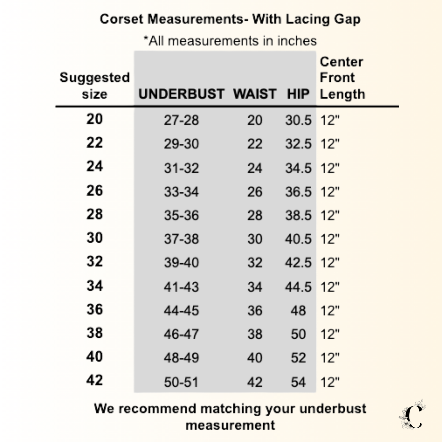 Corset measurements chart with lacing gap in inches
