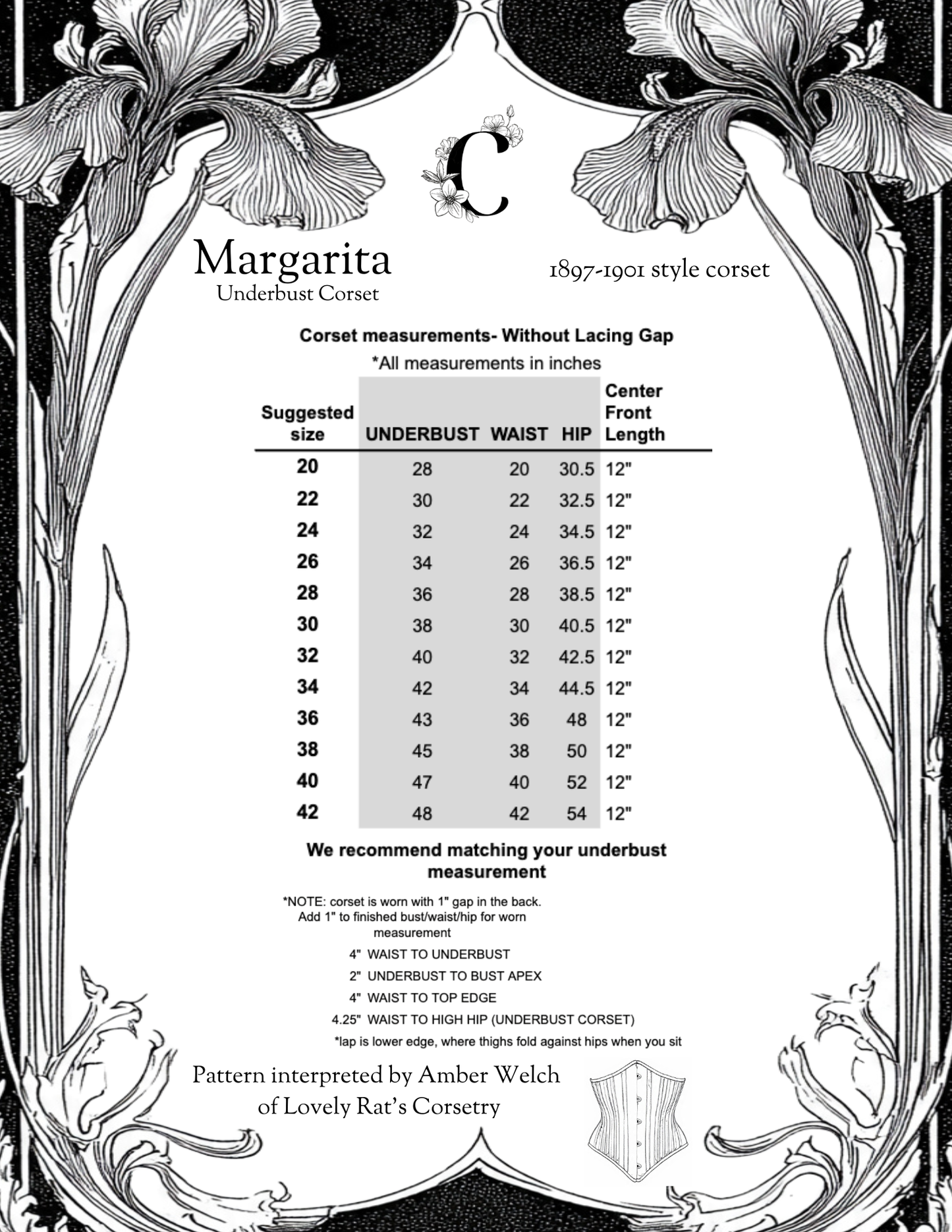 Measurement chart for a 1897-1901 style corset with decorative floral elements.
