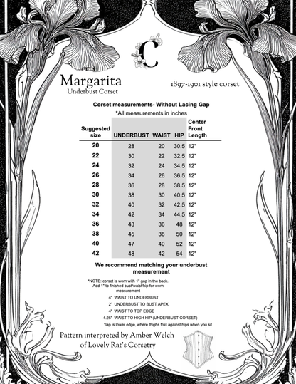 Measurement chart for a 1897-1901 style corset with decorative floral elements.