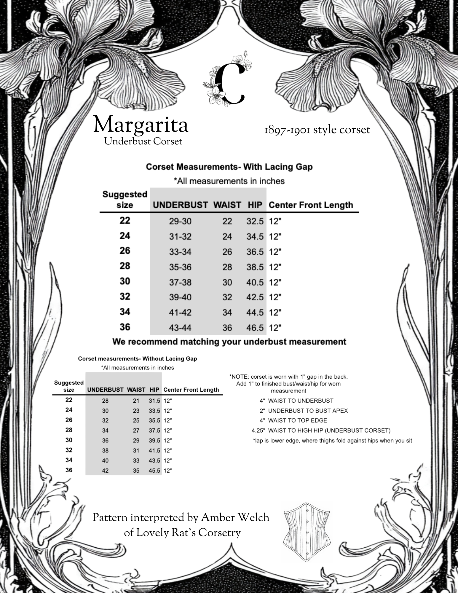 Corset measurement chart with decorative floral elements on a black background