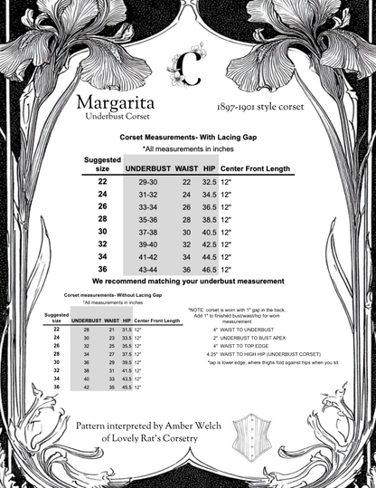 Corset measurement chart with decorative floral elements on a black background