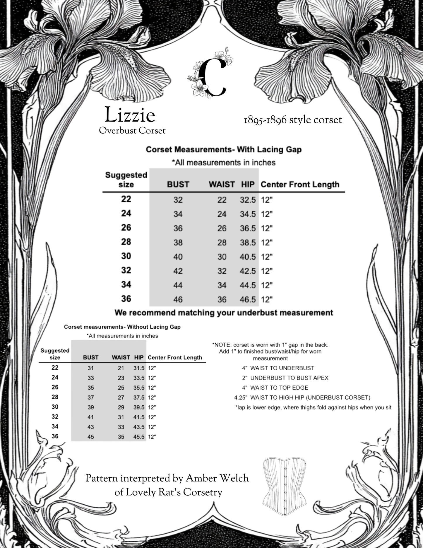 Measurement chart for a 1895-1896 style corset with decorative floral border