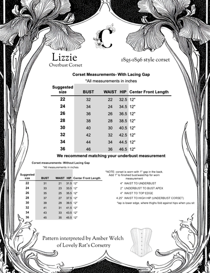 Measurement chart for a 1895-1896 style corset with decorative floral border